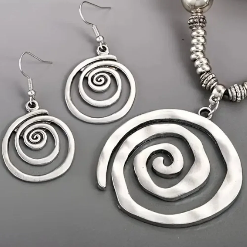 Silver Electro-Plated Bohemian Spiral Pendant Necklace and Earring Set